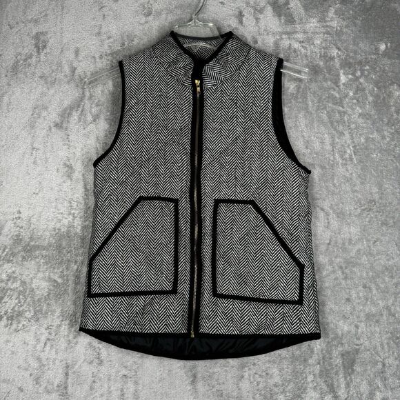 Merokeety Jacket Womens Small Black White Herringbone Vest Casual Neutral Preppy - Picture 2 of 7